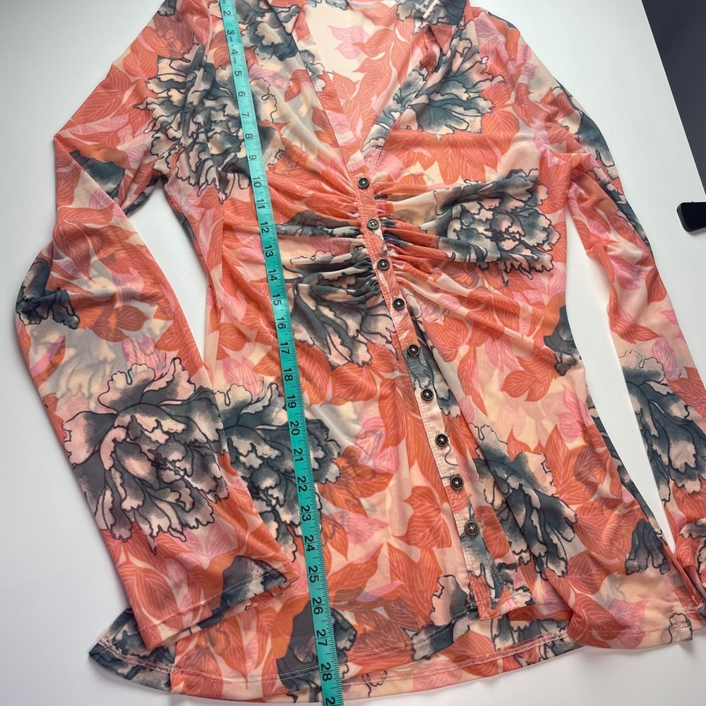 Free People Lucky Shirtee Floral Mesh Ruched‎ Button Front Long Sleeve Top Large - Picture 10 of 15